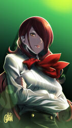 Rule 34 | 1girl, arms under breasts, black background, bow, bowtie, breasts, brown eyes, closed mouth, collared shirt, commentary request, crossed arms, eyelashes, gekkoukan high school uniform, gentle sasaki, gradient background, green background, hair over one eye, high-waist skirt, highres, kirijou mitsuru, lens flare, lips, long hair, long sleeves, looking at viewer, medium breasts, parted bangs, persona, persona 3, red bow, red bowtie, red hair, school uniform, shirt, sidelocks, signature, skirt, solo, upper body, white shirt