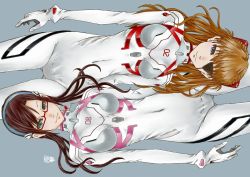 Rule 34 | 2girls, artist request, blue eyes, bodysuit, brown hair, evangelion: 3.0+1.0 thrice upon a time, eyepatch, green eyes, interface headset, lips, long hair, looking at viewer, low twintails, makinami mari illustrious, multiple girls, neon genesis evangelion, plugsuit, rebuild of evangelion, shiny clothes, simple background, skin tight, smile, souryuu asuka langley, twintails, white bodysuit