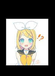 Rule 34 | !?, 1girl, absurdres, aqua eyes, bare arms, bare shoulders, black background, black sailor collar, blonde hair, bow, bow hairband, commentary, drooling, hair bow, hair ornament, hairband, hairclip, headphones, highres, kagamine rin, looking at viewer, mouth drool, musical note, musical note print, neckerchief, noa (retsuhim6927), open mouth, sailor collar, school uniform, short hair, shoulder tattoo, signature, solo, swept bangs, tattoo, treble clef, upper body, vocaloid, white background, white bow, yellow neckerchief