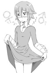 Rule 34 | 00s, :&lt;, ?, androgynous, blush, clothes lift, crona (soul eater), cuff links, dress, dress lift, flying sweatdrops, gender request, hair between eyes, high collar, monochrome, short hair, solo, soul eater