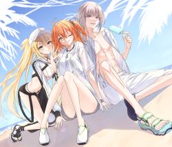 Rule 34 | 1boy, 2girls, ;d, ahoge, artoria caster (fate), artoria caster (swimsuit) (fate), artoria caster (swimsuit) (first ascension) (fate), artoria pendragon (fate), asymmetrical clothes, bikini, black pants, black scrunchie, blonde hair, commentary request, cropped jacket, fate/grand order, fate (series), food, fujimaru ritsuka (female), fujimaru ritsuka (female) (summer street), green eyes, grey hair, hair ornament, hair scrunchie, highres, holding, holding food, holding popsicle, hood, hood down, hooded jacket, jacket, long hair, multiple girls, muscular, muscular male, oberon (fate), oberon (refreshing summer prince) (fate), one eye closed, open mouth, orange hair, pants, ponytail, popsicle, pttyr, scrunchie, see-through, see-through sleeves, shoes, short ponytail, side ponytail, single pantsleg, sitting, smile, swimsuit, teeth, toenails, toes, tongue, tongue out, upper teeth only, white bikini, white footwear, white jacket, white pants, yellow eyes
