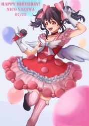 Rule 34 | 1girl, artist name, artist request, balloon, black hair, blurry, blurry background, blush, bow, choker, confetti, dress, female focus, frills, full body, gloves, hair bow, highres, jewelry, love live!, love live! school idol festival, love live! school idol project, macken, microphone, pink dress, pinstripe pattern, red bow, red dress, red eyes, short hair, smile, solo, standing, standing on one leg, striped clothes, striped thighhighs, thighhighs, twintails, vertical-striped clothes, vertical-striped thighhighs, white gloves, wings, yazawa nico