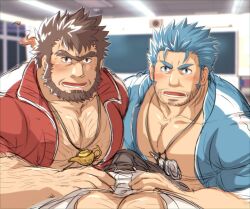 Rule 34 | 3boys, bara, beard, beard stubble, blue eyes, blue hair, blush, bulge, chalkboard, chest hair, classroom, erection, erection under clothes, facial hair, fins, fish boy, hairy, hand on another&#039;s stomach, indoors, jacket, jewelry, jinn (housamo), large pectorals, long sideburns, looking at viewer, love triangle, male focus, mature male, mononobe kyoma, multiple boys, muscular, muscular male, mustache stubble, necklace, pectoral cleavage, pectorals, pov, pov crotch, revision, shell, shell necklace, short hair, sideburns, stubble, sunfight0201, thick eyebrows, tokyo houkago summoners, track jacket, triton (housamo), unibrow, v-shaped eyebrows, yaoi