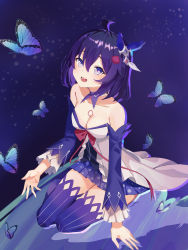Rule 34 | 1girl, :d, absurdres, antenna hair, bare shoulders, blue butterfly, blue eyes, breasts, bug, butterfly, cleavage, dress, full body, hair between eyes, hair ornament, highres, honkai (series), honkai impact 3rd, insect, looking up, open mouth, purple eyes, purple hair, purple sleeves, purple thighhighs, seele vollerei, seele vollerei (swallowtail phantasm), seiza, shiraho (do809058), short hair, sitting, sleeveless, sleeveless dress, smile, solo, tattoo, teeth, thighhighs