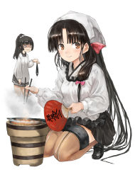 Rule 34 | 2girls, apron, black footwear, black hair, black skirt, blush, brown eyes, brown legwear, chopsticks, closed mouth, cooking, fish, frills, grill, hair ornament, hair over shoulder, hair scrunchie, hand fan, head scarf, highres, holding, holding chopsticks, holding fan, isokaze (kancolle), japanese clothes, kantai collection, kappougi, long hair, long sleeves, low-tied long hair, multiple girls, o o, paper fan, pleated skirt, ponytail, saury, scrunchie, shichirin, shouhou (kancolle), simple background, skirt, smile, smock, squatting, standing, thighhighs, toka (marchlizard), uchiwa, white background