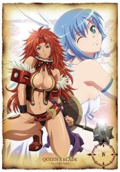 Rule 34 | 00s, 2girls, angel of light nanael, armband, blue hair, breasts, cleavage, covered erect nipples, elbow gloves, gloves, green eyes, headband, jpeg artifacts, kneeling, large breasts, long hair, mace, midriff, multiple girls, nail polish, nanael (queen&#039;s blade), nanael (queen's blade), navel, official art, one eye closed, purple eyes, queen&#039;s blade, red hair, red nails, rin-sin, risty (queen&#039;s blade), risty (queen's blade), shield, short hair, smile, spiked hair, weapon, wilderness bandit risty, wings, wink, wrist cuffs