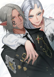 Rule 34 | 1boy, 1girl, alternate costume, apple brk, arm around neck, black jacket, black necktie, collared shirt, commentary request, elezen, elf, expressionless, eyes visible through hair, facial tattoo, final fantasy, final fantasy xiv, from above, grey eyes, grey hair, jacket, jewelry, korean commentary, lapel pin, long sleeves, looking at viewer, moenbryda wilfsunnwyn, neck tattoo, necktie, pendant, pointy ears, roegadyn, shirt, short hair, sideburns, signature, smile, tattoo, upper body, urianger augurelt, white shirt, yellow eyes
