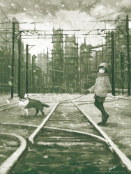 Rule 34 | 1girl, black eyes, dog, pet walking, gloves, greyscale, hand in pocket, highres, kensight328, long sleeves, monochrome, original, outdoors, railroad tracks, shoes, signature, solo, standing, wide shot, winter clothes