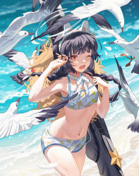 Rule 34 | 1girl, beach, bird, black hair, blue archive, braid, breasts, brown eyes, day, hairband, halo, hat, hat on back, highres, leaf print, long hair, miyu (blue archive), miyu (swimsuit) (blue archive), navel, official alternate costume, one eye closed, open mouth, outdoors, sanmu, seagull, small breasts, solo, sun hat, swimsuit, twin braids