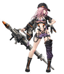 Rule 34 | 1girl, alice gear aegis, black gloves, boots, choker, commentary request, garter straps, gloves, gun, hand on own hip, hat, highres, holding, holding gun, holding weapon, logo, looking at viewer, navel, pinakes, pink hair, revealing clothes, rocket launcher, short shorts, shorts, simple background, single thighhigh, solo, suspenders, thighhighs, weapon, white background, yotsuya yumi