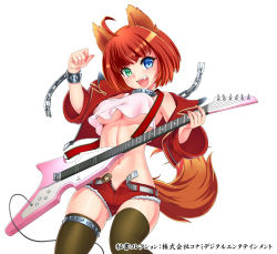 Rule 34 | 1girl, ahoge, animal ears, bare shoulders, belt, blue eyes, bracelet, breasts, chain, character request, collar, copyright name, crop top, crop top overhang, cutoffs, electric guitar, eyebrows, fang, gochou (kedama), green eyes, green thighhighs, guitar, heterochromia, highres, hisho collection, instrument, jacket, jewelry, looking at viewer, medium breasts, midriff, navel, official art, open belt, open clothes, open fly, open jacket, open mouth, open shorts, red hair, shiny skin, short hair, short shorts, shorts, skindentation, smile, solo, spiked bracelet, spiked collar, spikes, tail, thigh strap, thighhighs, translation request, unbuckled, unbuttoned, underboob, unfastened, unzipped, white background, wolf ears, wolf tail, zipper