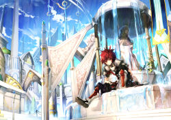 Rule 34 | 1boy, armor, armored boots, black gloves, boots, city, cityscape, day, elsword, elsword (character), gloves, highres, lord knight (elsword), red eyes, red hair, scorpion5050, short hair, shoulder armor, sky, spiked hair, statue, water