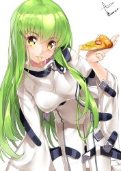 Rule 34 | 1girl, bent over, bodysuit, breasts, c.c., code geass, dated, eating, female focus, food, green hair, large breasts, long hair, long sleeves, looking at viewer, pizza, pizza slice, signature, solo, very long hair, wide sleeves, yappen, yatsu (sasuraino), yellow eyes