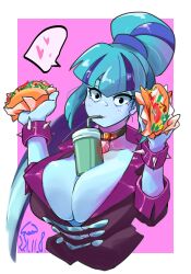 Rule 34 | 1girl, bracelet, breasts, bubble tea, bubble tea challenge, cleavage, drink, drinking straw, drinking straw in mouth, food, heart, highres, holding, holding food, huge breasts, jewelry, large breasts, looking at viewer, my little pony, my little pony: equestria girls, my little pony: friendship is magic, solo, sonata dusk, sozglitch, speech bubble, spiked bracelet, spikes, spoken heart, taco, upper body