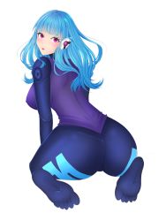 Rule 34 | 1girl, ass, biyo, blue hair, blush, bodysuit, breasts, from behind, headgear, highres, kira miki, large breasts, long hair, looking at viewer, looking back, open mouth, purple eyes, shiny clothes, sideboob, sitting, skin tight, smile, solo, va-11 hall-a, wariza
