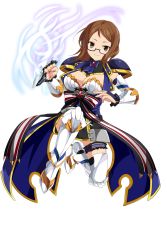 Rule 34 | 1girl, absurdres, armor, armored boots, black-framed eyewear, blade, boots, breakburst, breasts, bridal gauntlets, brown eyes, brown hair, cleavage, full body, glasses, highres, holding, holding weapon, juliane, bridal garter, looking at viewer, official art, pauldrons, semi-rimless eyewear, shoulder armor, smile, solo, transparent background, weapon, white footwear, white legwear