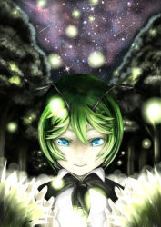 Rule 34 | 1girl, antennae, blue eyes, colored eyelashes, fireflies, forest, grass, green hair, hand up, hoshara, looking at viewer, nature, night, open hands, outdoors, parted lips, short hair, sky, solo, star (sky), starry sky, tears, touhou, upper body, wriggle nightbug