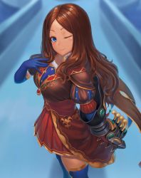Rule 34 | 1girl, blue eyes, blue gloves, blue thighhighs, blush, breasts, brown dress, brown hair, closed mouth, dress, elbow gloves, fate/grand order, fate (series), forehead, gauntlets, gloves, highres, jewelry, large breasts, leonardo da vinci (fate), long hair, looking at viewer, one eye closed, parted bangs, pendant, pleated skirt, puff and slash sleeves, puffy short sleeves, puffy sleeves, ranma (kamenrideroz), red skirt, short sleeves, single gauntlet, skirt, smile, solo, thighhighs, thighs