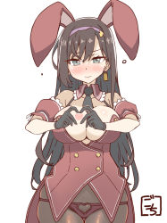 Rule 34 | 1girl, animal ears, aqua eyes, artist name, assault lily, bare shoulders, black gloves, black necktie, blush, breasts, brown hair, brown pantyhose, buttons, cleavage, closed mouth, clothing cutout, commentary request, cowboy shot, detached collar, detached sleeves, double-breasted, earrings, fake animal ears, frilled sleeves, frills, furrowed brow, gloves, gochisousama (tanin050), hair between eyes, hairband, hands up, heart, heart cutout, heart hands, highres, jewelry, kanba student council defense team member b, large breasts, long hair, looking at viewer, necktie, nontraditional playboy bunny, nose blush, panties, panties over pantyhose, pantyhose, puffy detached sleeves, puffy short sleeves, puffy sleeves, purple hairband, rabbit ears, red panties, short necktie, short sleeves, side slit, sidelocks, simple background, solo, standing, string panties, tailcoat, thigh gap, underwear, very long hair, white background