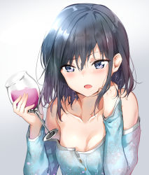 Rule 34 | 1girl, absurdres, adagaki aki, alcohol, bare shoulders, black hair, blue eyes, blue shirt, blush, breasts, collarbone, cup, drinking glass, hair between eyes, head rest, highres, holding, holding cup, long sleeves, looking at viewer, masamune-kun no revenge, medium breasts, medium hair, off shoulder, open mouth, raised eyebrow, shirt, sunhyun, upper body, wine, wine glass