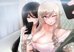 Rule 34 | 2girls, bad id, bad pixiv id, bare shoulders, black hair, blonde hair, blush, breasts, brown eyes, cellphone, cleavage, clothes pull, collarbone, drill hair, green eyes, green sweater, hair between eyes, hair flaps, hair over one eye, holding, holding phone, iphone, iphone x, large breasts, long hair, moonjunk, multiple girls, original, outdoors, phone, selfie, shirt, shirt pull, smartphone, sweater, tongue, tongue out, twin drills, white shirt