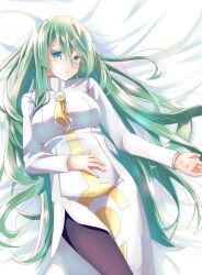 Rule 34 | 1girl, alice carroll, alternate breast size, aria (manga), blue eyes, blush, breasts, dress, feet out of frame, fine fabric emphasis, from above, gold necktie, green hair, hair between eyes, hand on own stomach, highres, large breasts, long hair, long sleeves, looking at viewer, lying, nabana yuna, on back, orange planet uniform, pantyhose, purple pantyhose, side slit, solo, very long hair, white dress