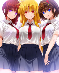 Rule 34 | 3girls, blonde hair, blue eyes, blush, breasts, brown hair, closed mouth, engo (aquawatery), fate testarossa, hair ornament, large breasts, long hair, looking at viewer, lyrical nanoha, mahou shoujo lyrical nanoha strikers, miniskirt, multiple girls, necktie, open mouth, pleated skirt, purple eyes, red eyes, red necktie, school uniform, simple background, skirt, smile, takamachi nanoha, white background, x hair ornament, yagami hayate