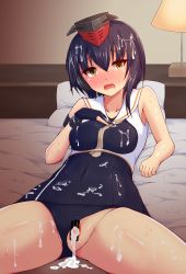 Rule 34 | 10s, 1girl, aftersex, armband, bed, black armband, black one-piece swimsuit, blush, cum, cum in pussy, cum on body, cumdrip, hakuhou (ende der welt), i-13 (kancolle), kantai collection, one-piece swimsuit, pillow, solo, solo focus, swimsuit, yellow eyes