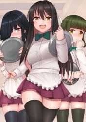 Rule 34 | 3girls, absurdres, adapted costume, apron, black hair, black legwear, bob cut, braid, breasts, commentary request, dress shirt, fang, frilled apron, frills, green hair, green neckwear, grey legwear, hair over one eye, hayashimo (kancolle), highres, kantai collection, large breasts, long hair, long sleeves, looking at viewer, multicolored hair, multiple girls, naganami (kancolle), open mouth, orange eyes, pink hair, pleated skirt, purple skirt, shirt, short hair, short hair with long locks, sidelocks, skirt, smile, takanami (kancolle), thighhighs, tiemu (man190), tray, two-tone hair, very long hair, waitress, wavy hair, white apron, white shirt, yellow eyes