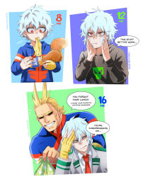 Rule 34 | 2boys, aged down, all might, alternate universe, black hoodie, blonde hair, blue jacket, boku no hero academia, closed mouth, collared shirt, english text, flying sweatdrops, gloves, green background, grey hair, grey jacket, grin, highres, holding, hood, hood down, hoodie, jacket, male focus, mouth hold, multiple boys, muscular, muscular male, necktie, open clothes, open jacket, red eyes, red necktie, school uniform, shigaraki tomura, shirt, short hair, smile, speech bubble, teeth, trevo (trevoshere), u.a. school uniform, white shirt, yellow gloves