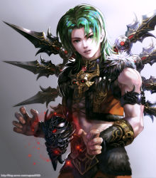Rule 34 | 1boy, armband, bad id, bad pixiv id, blade, floating, floating object, gradient background, green eyes, green hair, highres, kim yura (goddess mechanic), magic, male focus, matching hair/eyes, muscular, priston tale, revision, shaman (priston tale), solo, upper body, vambraces, vest, watermark, web address