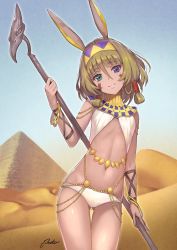 Rule 34 | 1girl, alternate breast size, animal ears, belly chain, bikini, blue eyes, blue sky, bracelet, breasts, brown hair, chain, commentary request, cosplay, day, desert, detached collar, earrings, egyptian clothes, facepaint, fate/grand order, fate (series), green eyes, hair between eyes, hair tubes, head tilt, heterochromia, hip focus, holding, holding staff, hoop earrings, idolmaster, idolmaster cinderella girls, jewelry, looking at viewer, meto31, mole, mole under eye, navel, nitocris (fate), nitocris (fate) (cosplay), outdoors, pyramid (structure), rabbit ears, short hair, sidelocks, signature, sky, small breasts, smile, solo, staff, swimsuit, takagaki kaede, thighs, white bikini