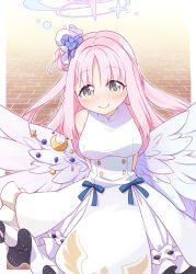 Rule 34 | 1girl, arms behind back, bare shoulders, blue archive, blue bow, blue flower, blush, bow, breasts, brick floor, closed mouth, commentary request, crescent, dress, feathered wings, flower, hair bun, hair flower, hair ornament, halo, harada (sansei rain), highres, long hair, looking at viewer, low wings, medium breasts, mika (blue archive), pink hair, single side bun, sleeveless, sleeveless dress, smile, solo, very long hair, white dress, white wings, wings, yellow eyes