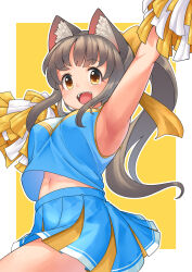 Rule 34 | 1girl, :d, animal ear fluff, animal ears, arm up, armpits, arukiru, bare arms, blue shirt, blue skirt, bow, breasts, brown hair, cheerleader, cowboy shot, fang, hair bow, hand up, highres, long hair, looking at viewer, medium breasts, midriff peek, miniskirt, multicolored clothes, multicolored skirt, navel, open mouth, original, outside border, pleated skirt, pom pom (cheerleading), ponytail, shirt, sidelocks, simple background, skirt, sleeveless, sleeveless shirt, smile, solo, teeth, tongue, upper teeth only, yellow background, yellow bow, yellow eyes