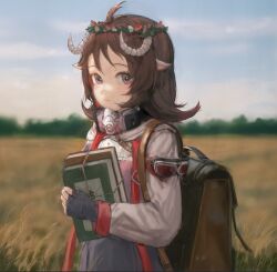 Rule 34 | 1girl, ahoge, animal ears, arknights, backpack, bag, black gloves, blue sky, blurry, blurry background, book, brown hair, chinese commentary, closed mouth, commentary request, cowboy shot, day, dress, eyjafjalla (arknights), fingerless gloves, gloves, gumiaoandpeace, head wreath, holding, holding book, horns, long sleeves, looking at viewer, looking to the side, mask, mask around neck, medium hair, outdoors, pink eyes, purple dress, red-tinted eyewear, respirator, sheep ears, sheep girl, sheep horns, shirt, sky, solo, tinted eyewear, unworn eyewear, wheat field, white shirt