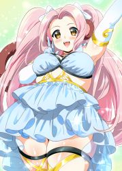Rule 34 | 1girl, animal ears, blue gloves, blue skirt, bow, breasts, brown eyes, detached sleeves, gloves, hair bow, indie virtual youtuber, leaning back, long hair, medium breasts, miminaru (vtuber), monkey ears, monkey girl, monkey tail, open mouth, parted bangs, pink hair, plump, shulliy baudelair, skindentation, skirt, smile, solo, tail, thick thighs, thigh strap, thighs, v, very long hair, virtual youtuber, white bow