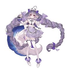 Rule 34 | 1girl, animal ears, breasts, brown dust 2, cat ears, dress, elbow gloves, full body, gloves, grey hair, hair ribbon, hand in own hair, highres, ks39410, large tail, long hair, looking at viewer, open mouth, purple eyes, ribbon, rou (brown dust), see-through apron, skindentation, small breasts, solo, tail, tattoo, thighhighs, two-tone tail, very long hair, white dress, white footwear, white thighhighs
