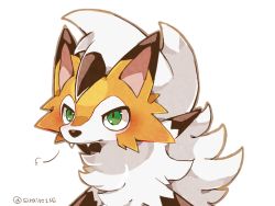 Rule 34 | puff of air, animal focus, artist name, blush, brown outline, closed mouth, creatures (company), fangs, fangs out, game freak, gen 7 pokemon, green eyes, light blush, lycanroc, lycanroc (dusk), nintendo, no humans, pokemon, pokemon (creature), shira (sirairo116), signature, simple background, solo, twitter username, upper body, white background