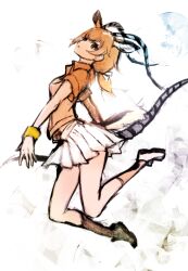 Rule 34 | 1girl, animal ears, brown eyes, brown hair, extra ears, horns, impala (kemono friends), ise (0425), jumping, kemono friends, looking at viewer, ribbon, shirt, shoes, short hair, simple background, skirt, socks, solo, tail, weapon, wristband