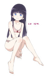 Rule 34 | 1girl, absurdres, black hair, blue eyes, blunt bangs, blush, bra, breasts, character name, cleavage, closed mouth, collarbone, feet, full body, gokou ruri, hamao, highres, long hair, looking at viewer, mole, mole under eye, ore no imouto ga konna ni kawaii wake ga nai, panties, pink bra, pink panties, simple background, sitting, small breasts, solo, straight hair, translation request, underwear, white background