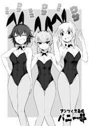 Rule 34 | 10s, 3girls, akitsuchi shien, anchovy (girls und panzer), animal ears, arms up, bad id, bad twitter id, bow, bowtie, breasts, carpaccio (girls und panzer), cowboy shot, detached collar, closed eyes, fake animal ears, girls und panzer, greyscale, grin, highres, long hair, looking at viewer, medium breasts, monochrome, multiple girls, pantyhose, pepperoni (girls und panzer), playboy bunny, rabbit ears, rabbit tail, short hair, small breasts, smile, tail, twintails, w arms, wrist cuffs