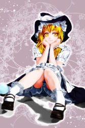 Rule 34 | 1girl, blonde hair, bobby socks, bow, head rest, female focus, hat, highres, kirisame marisa, lace, legs, mary janes, shoes, skirt, smile, socks, solo, taiti, touhou, witch hat, yellow eyes