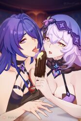 Rule 34 | 2girls, acheron (honkai: star rail), bare arms, bare shoulders, black swan (honkai: star rail), breasts, cleavage, commentary request, food, hair over one eye, highres, holding, holding food, honkai: star rail, honkai (series), long hair, medium breasts, multiple girls, open mouth, popsicle, purple eyes, purple hair, sexually suggestive, shiro font, tongue, tongue out, upper body