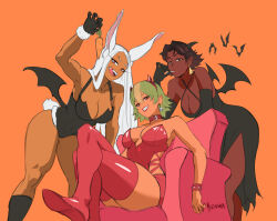 Rule 34 | 3girls, :q, alternate costume, animal ears, arm up, artist name, bare shoulders, bat (animal), bat wings, black dress, black footwear, black gloves, black leotard, boku no hero academia, boots, breasts, brown eyes, brown hair, candy, carrot, cleavage, collar, collarbone, commentary, couch, covered navel, criss-cross halter, crossed legs, crossover, dangle earrings, dark-skinned female, dark skin, demon girl, demon horns, dress, earrings, elbow gloves, english commentary, fake horns, female focus, fire emblem, fire emblem engage, fire emblem heroes, food, fur-trimmed gloves, fur trim, gloves, green eyes, green hair, grin, hair between eyes, hairband, halloween, halloween costume, halterneck, headband, holding, holding candy, holding carrot, holding food, holding lollipop, horns, jewelry, laegjarn (fire emblem), large breasts, leaning forward, leaning on object, leotard, licking lips, lollipop, long eyelashes, long hair, looking at viewer, low wings, mature female, meziosaur, mirko, multicolored hair, multiple girls, nintendo, on couch, orange background, orange hair, parted bangs, rabbit ears, rabbit girl, rabbit tail, red collar, red eyes, red footwear, red headband, red leotard, red lips, seforia (fire emblem), short hair, sitting, skull earrings, smile, strapless, strapless leotard, tail, teeth, thick thighs, thigh boots, thighs, toned, tongue, tongue out, trait connection, upper teeth only, very dark skin, very long hair, white hair, wings, wrist cuffs