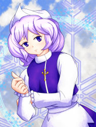 Rule 34 | 1girl, apron, arm up, blue sky, clothes pin, cloud, crossed arms, english text, eyelashes, female focus, hat, high collar, highres, letty whiterock, light purple hair, light smile, lips, long sleeves, looking at viewer, magic circle, monononani, purple eyes, shirt, short hair, skirt, sky, snowflakes, solo, touhou, vest