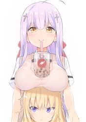 Rule 34 | 2girls, ahoge, arms at sides, blonde hair, blouse, blush, breast rest, breasts, breasts on head, bubble tea, bubble tea challenge, closed mouth, commentary request, frown, gabriel dropout, gabriel tenma white, hair between eyes, hair ornament, highres, kerun, large breasts, light purple hair, long hair, multiple girls, purple eyes, raphiel shiraha ainsworth, school uniform, shirt, simple background, smile, smug, v-shaped eyebrows, vest, white background, white shirt, yellow eyes