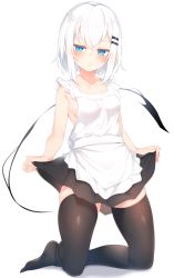 Rule 34 | 1girl, apron, black thighhighs, blue eyes, blush, breasts, clothes lift, crossed ankles, demon tail, hair between eyes, hair ornament, hairclip, highres, kneeling, lifted by self, looking at viewer, original, otokuyou, ringo-chan (otokuyou), short hair, skirt, skirt lift, small breasts, solo, tail, thighhighs, thighs, white background, white hair