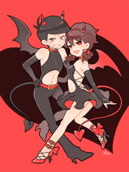 Rule 34 | 10s, 1boy, 1girl, alternate eye color, black hair, brown hair, collar, demon horns, demon tail, demon wings, dress, fang, hairband, hand on own hip, high heels, horns, low twintails, matsuno osomatsu, nightcat, open mouth, osomatsu-kun, osomatsu-san, osomatsu (series), red eyes, smile, tail, twintails, wings, yowai totoko