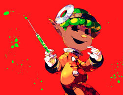 Rule 34 | + +, 1boy, black eyes, black headwear, buttons, commentary request, dark-skinned male, dark skin, feet out of frame, gauge, gloves, green hair, head mirror, holding, holding syringe, jumpsuit, looking at viewer, male focus, nintendo, no headwear, open mouth, outstretched hand, petals, pikmin (series), pikmin 4, pointy ears, red background, red jumpsuit, shirushiki, short hair, simple background, smile, solid eyes, solo, spacesuit, syringe, very short hair, white gloves, yonny (pikmin)