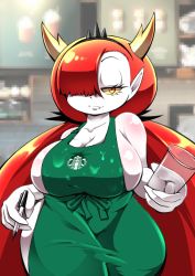 Rule 34 | 1girl, apron, breasts, cleavage, cocco (cocco1192), colored sclera, colored skin, commentary, cup, demon girl, demon horns, english commentary, grey skin, hair over one eye, hekapoo, highres, horns, iced latte with breast milk (meme), large breasts, looking at viewer, meme, naked apron, orange eyes, pen, pointy ears, sideboob, smirk, solo, star vs the forces of evil, starbucks, yellow sclera